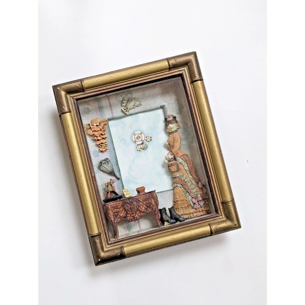 Vintage‎ Seymour Mann Anthropomorphic Cat Victorian Lady Shadow Box Photo Frame
